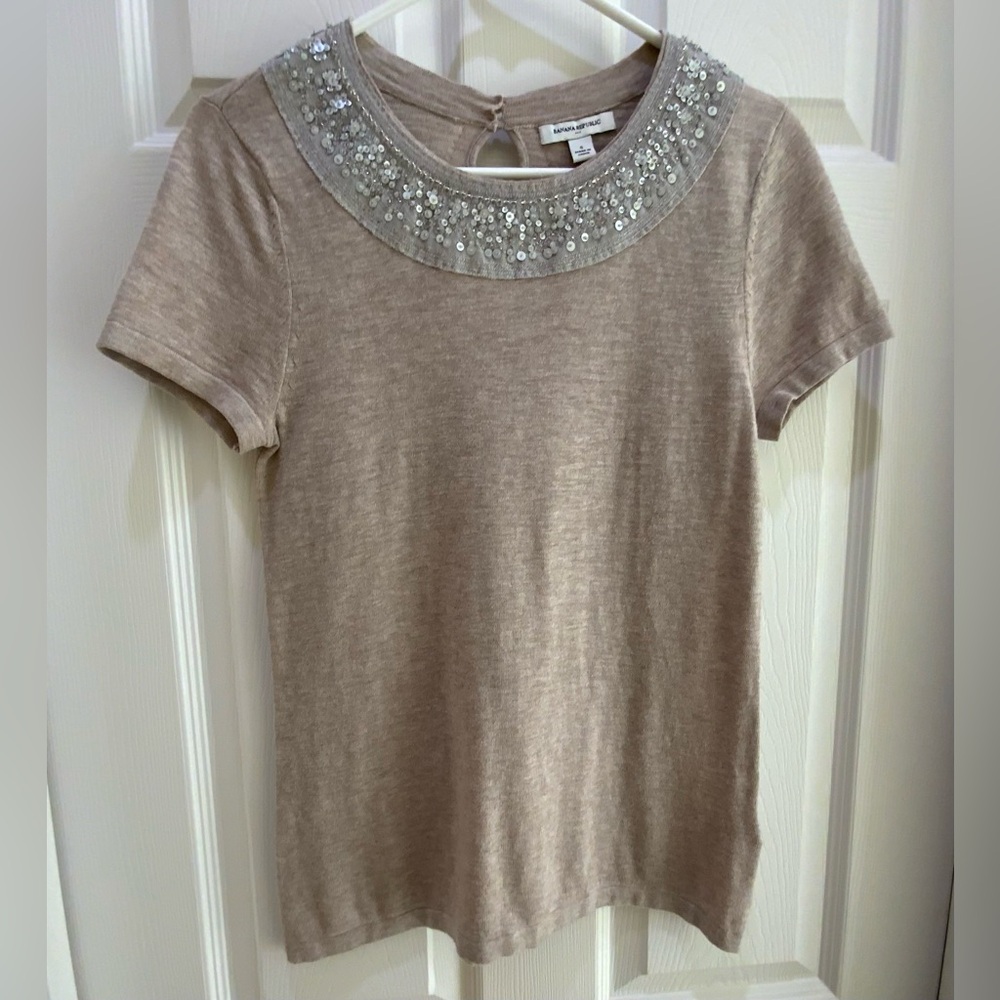 Banana Republic Tan colored top with beading around the neck, size small